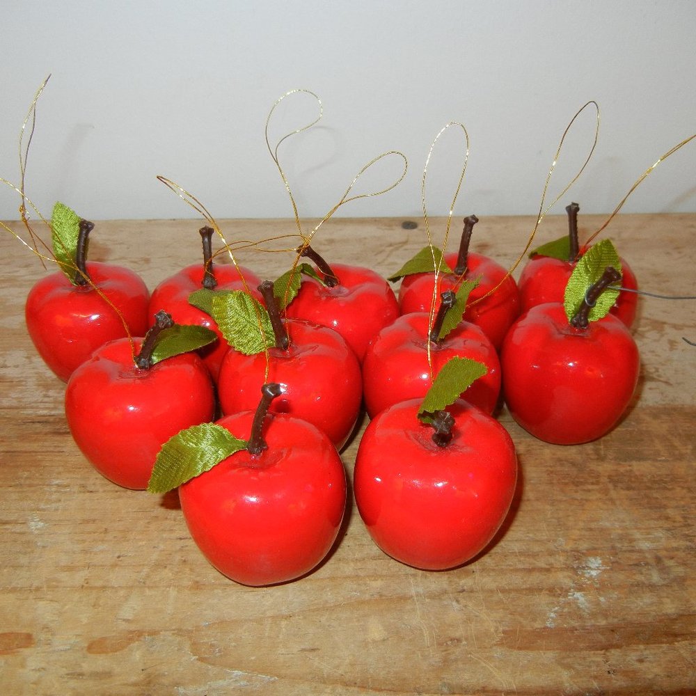 Vtg Styrofoam Red Apple Ornaments 11 Pc Cloth Leaves Plastic Stem 2 1/2" inches